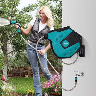 DURHAND 15M Water Hose Reel Compact Garden Car Auto Retract Spray Nozzle