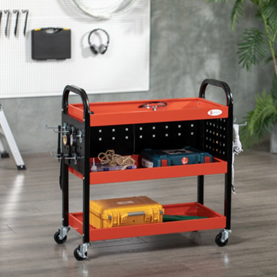 DURHAND 3 Tier Shelf Tool Cart Storage Trolley Wheel Cart for Garage  Workshop Warehouse DIY Tool with 10 Hooks 100 kg Red