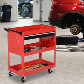 DURHAND 3-Tier Tool Trolley Cart Storage Shelf Roller Cabinet DIY Box Garage Workshop with Drawer Red
