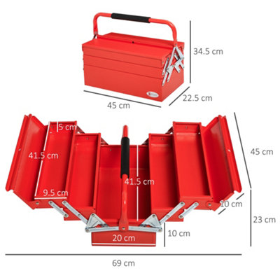 DURHAND Metal Tool Box 3 Tier 5 Tray Professional Portable Storage Cabinet Workshop Cantilever Toolbox, 45cmx20cmx34.5cm, Red
