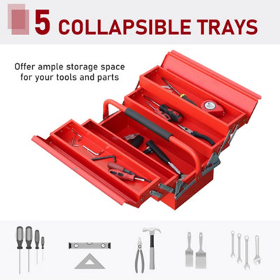 DURHAND Metal Tool Box 3 Tier 5 Tray Professional Portable Storage Cabinet Workshop Cantilever Toolbox, 45cmx20cmx34.5cm, Red