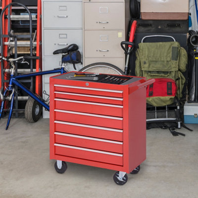 Red tool store box on wheels