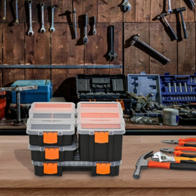 DURHAND Set Of 4 Plastic DIY Tool Storage Boxes Inside Dividers Locking Lids Home Garage Organisation Stacking Arts Crafts Bolts