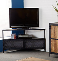 Durian Industrial Upcycled Metal Black And Wood 2 Door With Shelf Corner Tv Media Unit