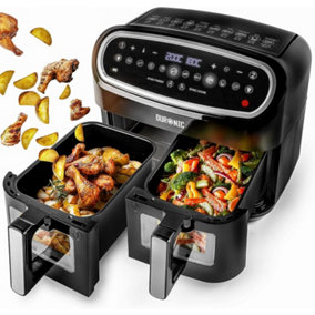 Duronic AF24 Air Fryer, 9L Large Dual Zone Family Sized Cooker, Twin Drawers