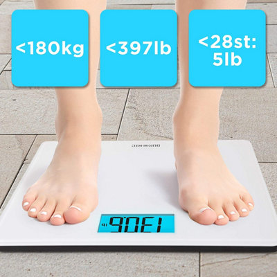 Duronic BS403 Digital Bathroom Body Scales, LCD Display, 180kg, Step-On Activation, Measures in Kilograms/Pounds/Stones - white