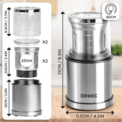 Duronic CG421 2-in-1 Coffee & Spice Grinder, Wet & Dry Electric Grinding Mill, 2x 75g/220ml Cups, 200W - stainless steel