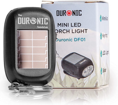 Duronic DF01 Keyring LED Torch, Pocket Flashlight, 2-Way Charging: Wind Up and Solar Panel, 8 Lumens, No Batteries Needed