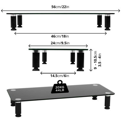 Duronic DM052-2 Monitor Stand Riser 56x24cm, Laptop and Screen Stand for Desktop, 20kg Capacity, Tempered Glass - black
