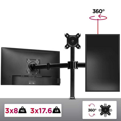 Duronic DM253 3-Screen Monitor Arm with Desk Clamp and VESA Brackets, Adjustable Height Tilt Swivel Rotation - 13-27 - black