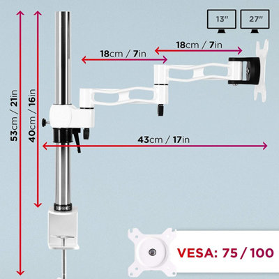 Duronic DM351X3 /WE 1-Screen Monitor Arm with Desk Clamp and VESA Brackets, Adjustable Height Tilt Swivel - 10kg - 13-27 - white