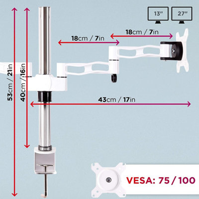 Duronic DM352 /WE 2-Screen Monitor Arm with Desk Clamp and VESA Brackets, Adjustable Height Tilt Swivel - 10kg - 13-27 - white