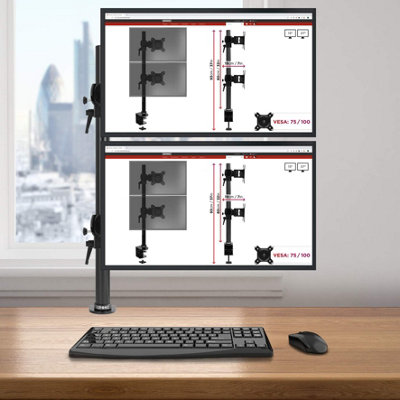 Duronic DM35V2X2 2-Screen Vertical Monitor Arm, Desk Clamp + VESA Brackets, Adjustable Height Tilt Swivel - 8kg - 13-27 - black