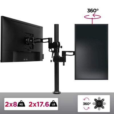 Duronic DM35V2X2 2-Screen Vertical Monitor Arm, Desk Clamp + VESA Brackets, Adjustable Height Tilt Swivel - 8kg - 13-27 - black
