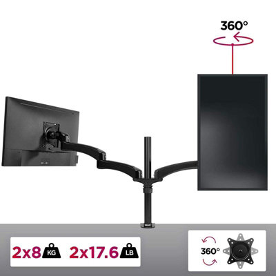Duronic DM452 2-Screen Monitor Arm with Desk Clamp and VESA Brackets, Adjustable Height Tilt Swivel - 8kg - 15-27 - black