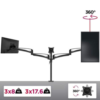 Duronic DM453 3-Screen Monitor Arm with Desk Clamp and VESA Brackets, Adjustable Height Tilt Swivel - 8kg - 15-27 - black