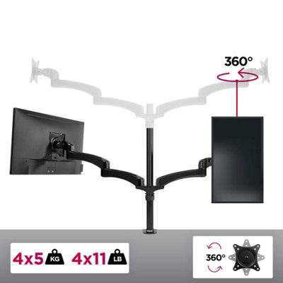 Duronic DM454 4-Screen Monitor Arm with Desk Clamp and VESA Brackets, Adjustable Height Tilt Swivel - 8kg - 15-27 - black