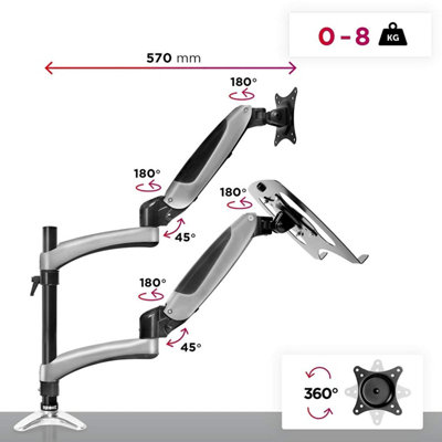 Duronic DM65L1X1 2-Screen Monitor and Laptop Arm with Full Range Movement, Desk Clamp and VESA Brackets - 8kg - 15-27 - black