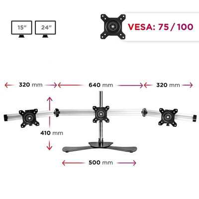 Duronic DM753 3-Screen Freestanding Monitor Arm with VESA Brackets, Adjustable Height Tilt Swivel Rotation - 8kg - 15-24 - silver