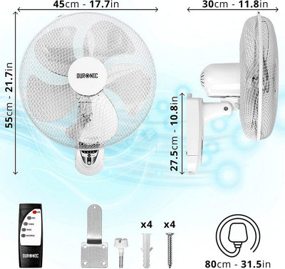 Duronic FN55 WE Wall Mounted Fan, Oscillating/Rotating 16 Inch Head, 60W Power - 3 Speeds, Timer Function, Remote Control (white)