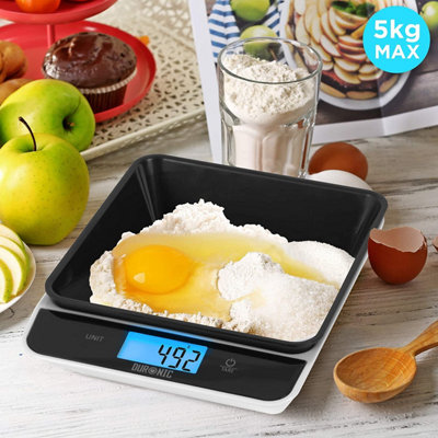 Duronic KS100 /BK Digital Kitchen Scale with Bowl, 5kg, LCD Backlit Display, Tare Function, 1g Precision - Black/White