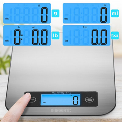 Duronic KS1007 Digital Kitchen Scale, 10kg, Glass Platform with LCD Backlit Display, Tare Function, 1g Precision - Silver