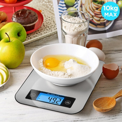 Duronic KS1007 Digital Kitchen Scale, 10kg, Glass Platform with LCD Backlit Display, Tare Function, 1g Precision - Silver