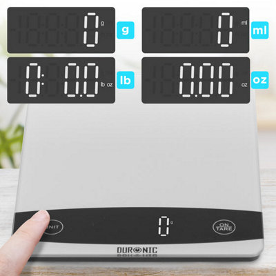 Duronic KS1009 Digital Kitchen Scale, 10kg, Glass Platform with LCD Backlit Display, Tare Function, 1g Precision - Silver