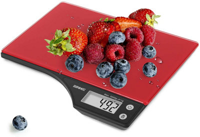 Duronic KS350 Digital Kitchen Scale, 5kg, Glass Platform with LCD Backlit Display, Tare Function, 1g Precision - Red