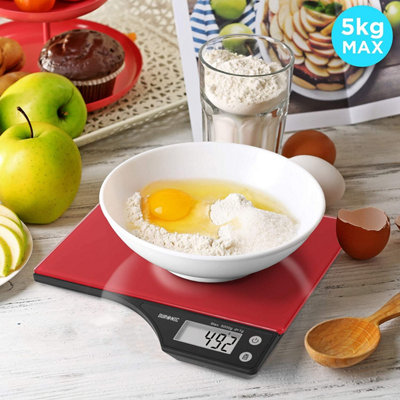Duronic KS350 Digital Kitchen Scale, 5kg, Glass Platform with LCD Backlit Display, Tare Function, 1g Precision - Red