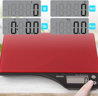 Duronic KS350 Digital Kitchen Scale, 5kg, Glass Platform with LCD Backlit Display, Tare Function, 1g Precision - Red