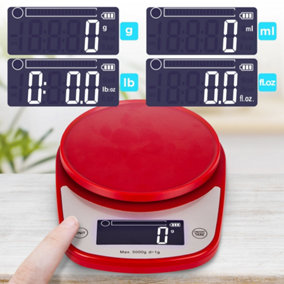 Duronic KS5000 RD/SS Digital Kitchen Scale with Bowl, 5kg, LCD Backlit Display, Tare Function, 1g Precision - Red