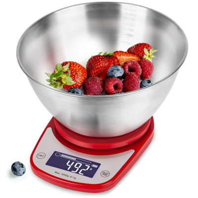 Duronic KS5000 RD/SS Digital Kitchen Scale with Bowl, 5kg, LCD Backlit Display, Tare Function, 1g Precision - Red