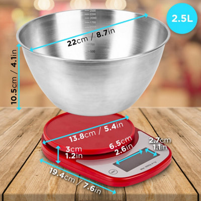 Duronic KS5000 RD/SS Digital Kitchen Scale with Bowl, 5kg, LCD Backlit Display, Tare Function, 1g Precision - Red