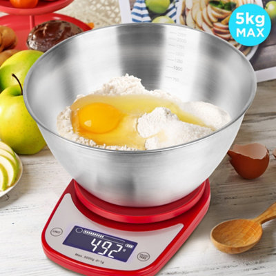 Duronic KS5000 RD/SS Digital Kitchen Scale with Bowl, 5kg, LCD Backlit Display, Tare Function, 1g Precision - Red
