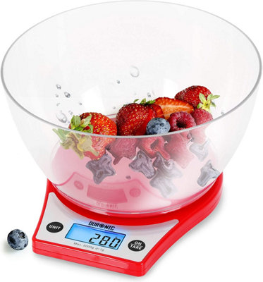 Duronic KS6000 RD/CR Digital Kitchen Scale with Bowl, 5kg, LCD Backlit Display, Tare Function, 1g Precision - Red