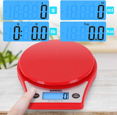 Duronic KS6000 RD/CR Digital Kitchen Scale with Bowl, 5kg, LCD Backlit Display, Tare Function, 1g Precision - Red