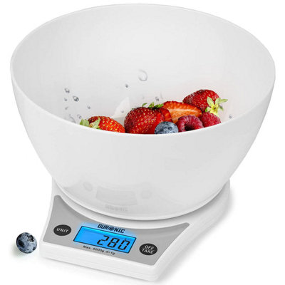 Duronic KS6000 WH/WH Digital Kitchen Scale with Bowl, 5kg, LCD Backlit Display, Tare Function, 1g Precision - White