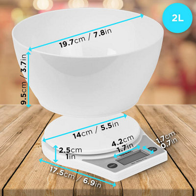 Duronic KS6000 WH/WH Digital Kitchen Scale with Bowl, 5kg, LCD Backlit Display, Tare Function, 1g Precision - White