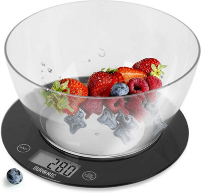 Duronic KS7000 Digital Kitchen Scale with Bowl, 10kg, LCD Backlit Display, Tare Function, 1g Precision - Black/Clear