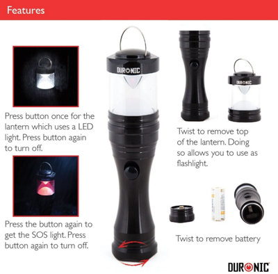 Duronic RFL033AAA LED Torch 90lm, 2-in-1 Flashlight and Lantern with SOS Light Mode, Water-Resistant, Hanging Loop, Magnetic Base