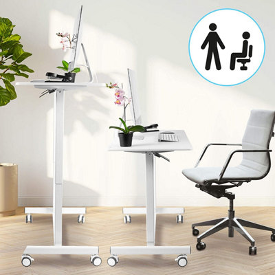 Duronic TM03T Sit-Stand Desk, Ergonomic Office Table with Wheels, 88x50cm Platform, Adjustable Height 73-107cm - white