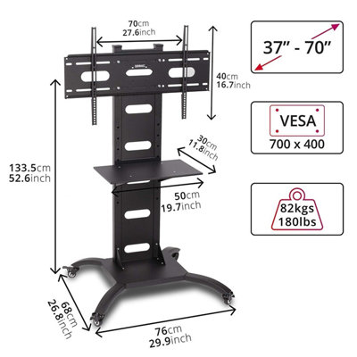 Duronic TVS4T1 TV Stand and Tilting Monitor Bracket, Wheeled Trolley Mount with VESA 700x400 for Flat Screen Television 37-70"