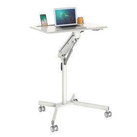 Duronic WPS57 Sit-Stand Desk, With Tablet Support & Cup Holder, Table on Wheels, Adjustable Height/Reach, 70x52cm