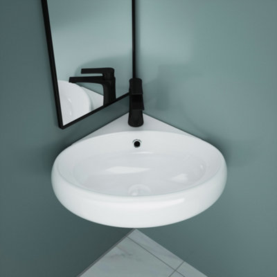 Durovin Bathrooms Ceramic Bathroom Basin - Corner Wall Hung Sink For Cloakroom Bathroom- Round Shape (400 x 380 x 145mm)