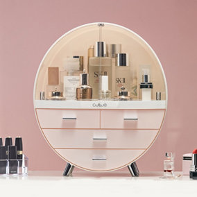 Dustproof Waterproof Round Freestanding Cosmetic Storage Box Desktop Organzier with Drawers Pink
