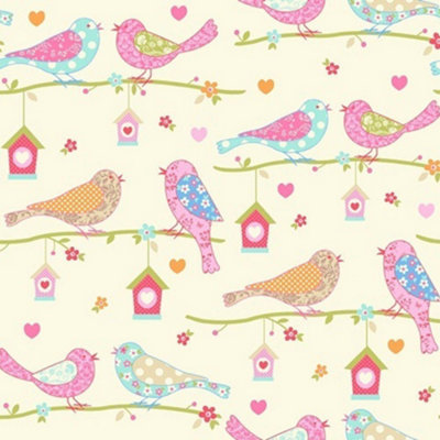 Dutch Birds Floral Hearts Wallpaper Cream Pink Chilren's Girls Textured Debona