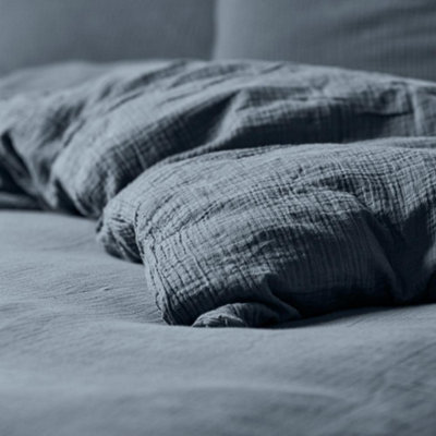 Duvet Cover & Pillowcase Set - Denim Blue - Muslin Cotton - King