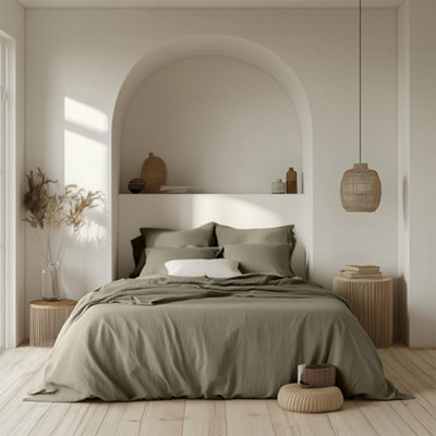 Duvet Cover & Pillowcase Set - Moss Green - Washed Cotton - Double