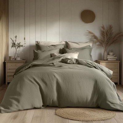 Duvet Cover & Pillowcase Set - Moss Green - Washed Cotton - Double